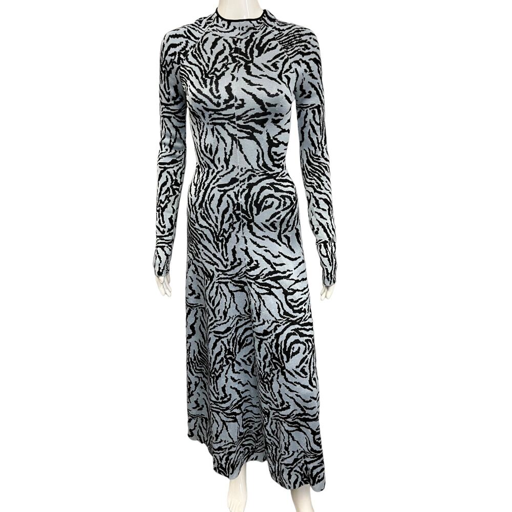 PROENZA SCHOULER $2790 Blue Black Zebra Print Knit Midi Long Sleeve Dress XS